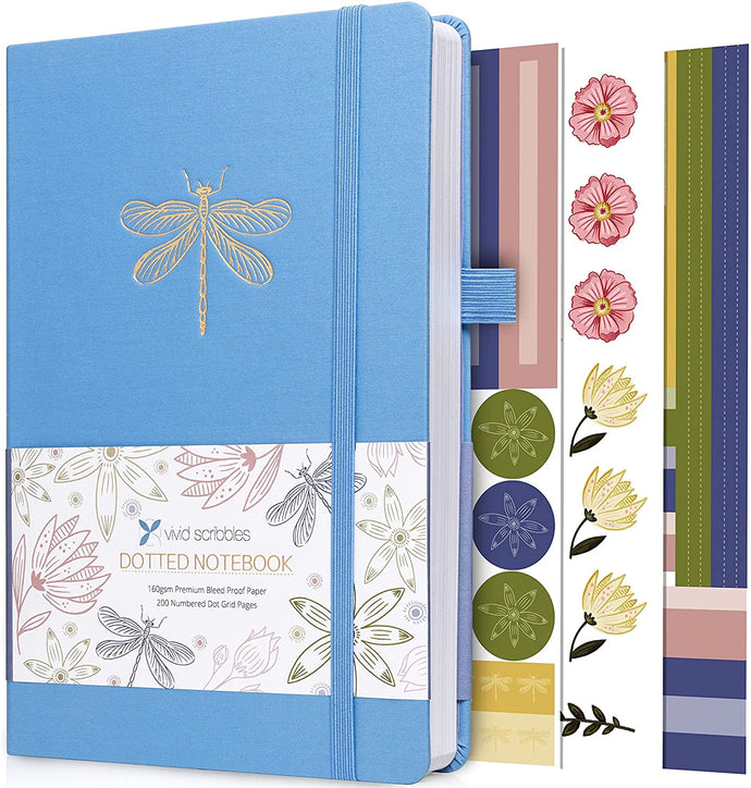 A5 Blue Dragonfly Linen Cover Dot Grid Journal